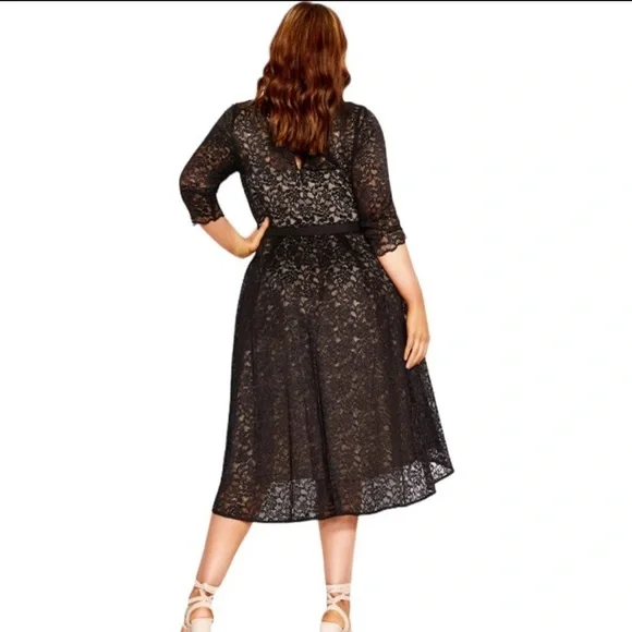 City Chic Womens Plus Size 20 Black Lace Lover Hi Low Midi Belt Dress NWT A-Line - Picture 3 of 12